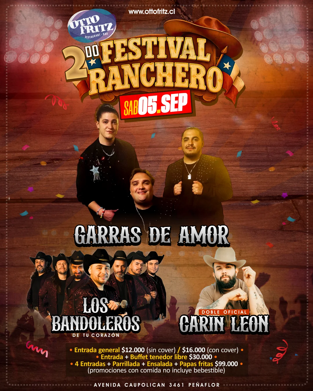 Afiche de 2do Festival Ranchero — Garras de Amor + Los Bandoleros de tu Corazón + Doble Oficial de Carin León